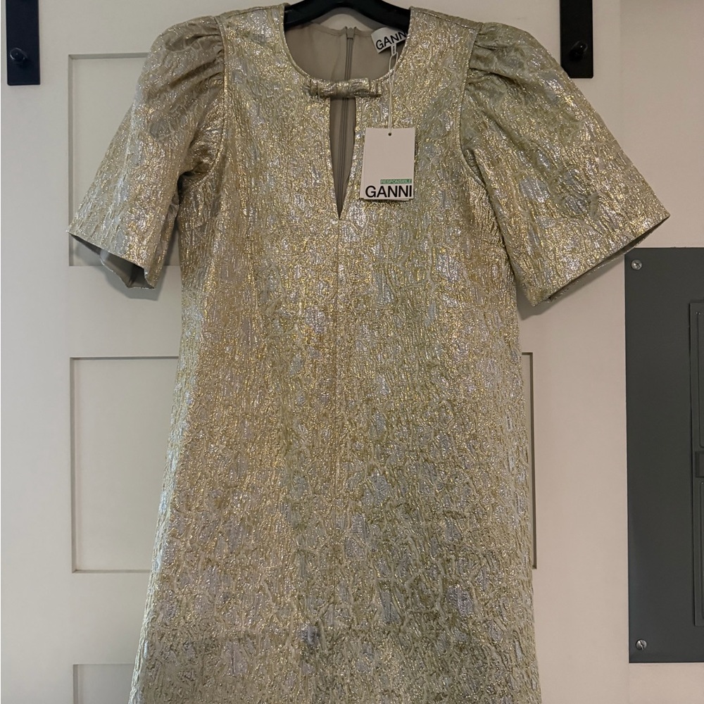 NWT Ganni Metallic Gold and Silver Textured Shift Dress with Bow Detail